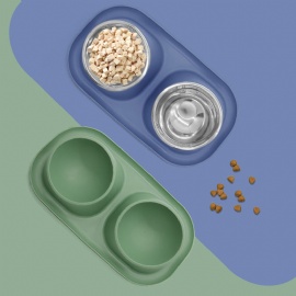 Double Stainless Steel Bowls with Silicone Rubber Raised Food Catcher Mat