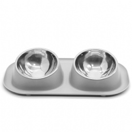 Double Stainless Steel Bowls with Silicone Rubber Raised Food Catcher Mat